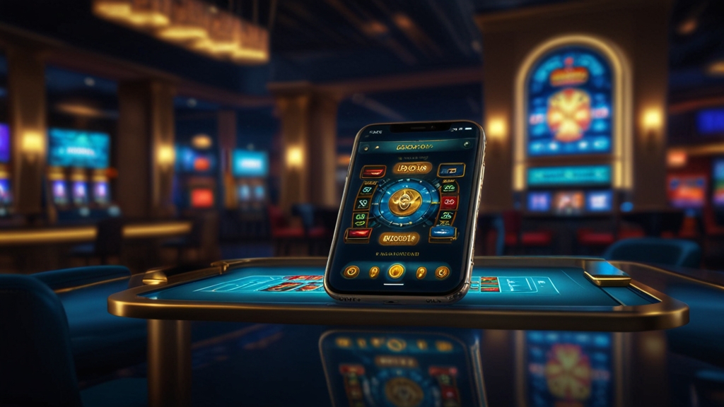 Smartphone showing a safe Bet Portal app download screen in a dark casino setting