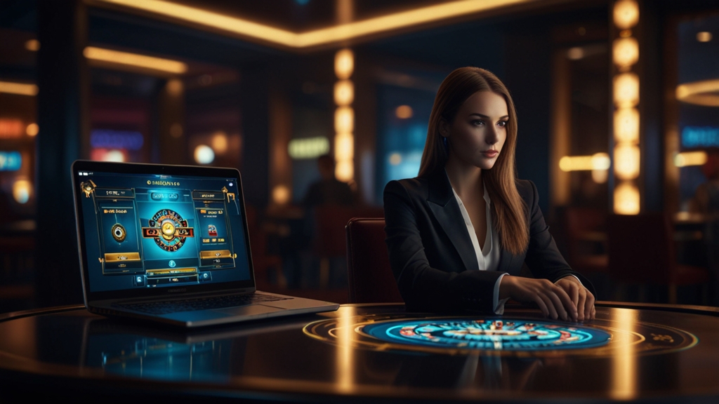 Player signing into a casino account on a laptop in a dark neon-lit lounge.