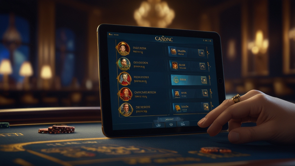 A player filling in a casino registration form on a tablet in a dark lounge.