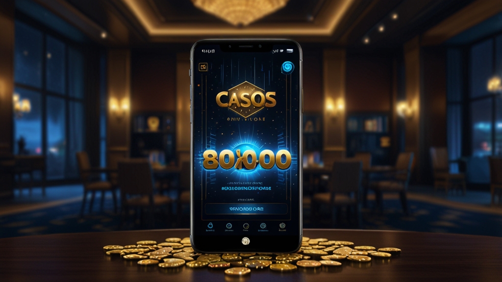 Casino lobby scene with a phone showing a promo code field and glowing bonus banner