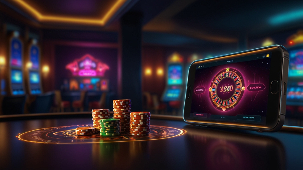 No deposit bonus voucher displayed on a phone in a casino setting