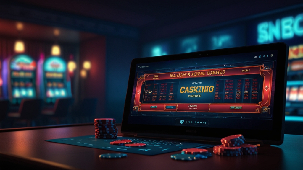 Casino desk with promo code card and glowing terms screen