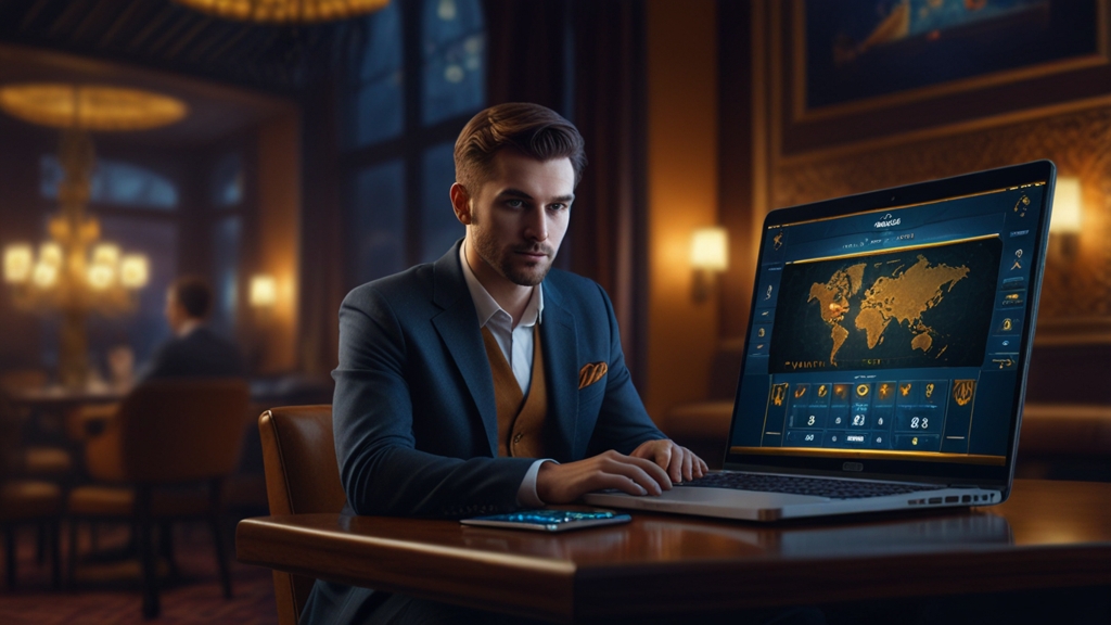 Casino login shown on laptop and phone for a UK player in a dark lounge.